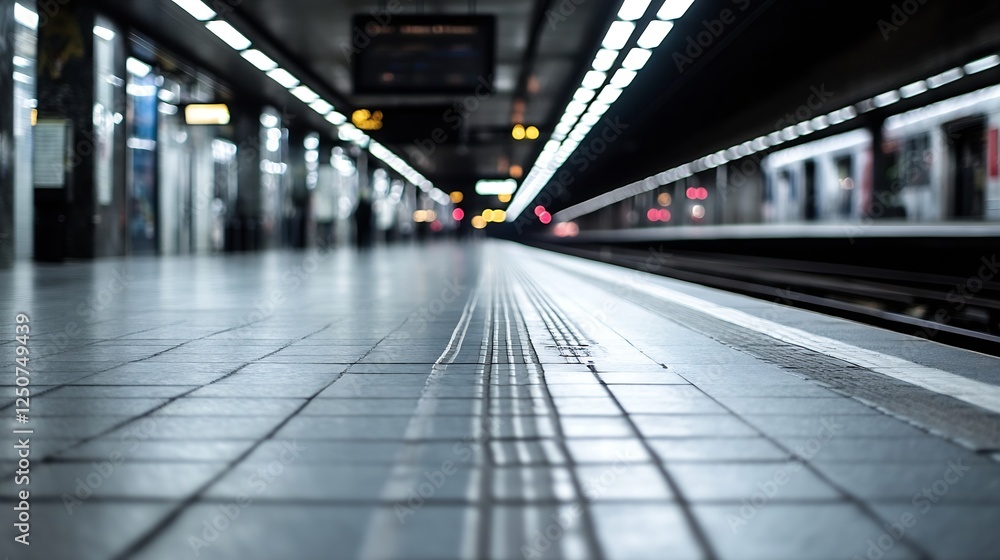 Naklejka premium Modern subway station platform with illuminated lights and blurred motion creating a dynamic urban scene : Generative AI