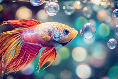 Close-up of vibrant betta fish bubble nest, detailed patterns and clear water, lush aquatic background and professional dynamic lighting photo