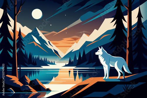 Werewolf Howling Art Deco Vector – Black & White Night Mountain Scene