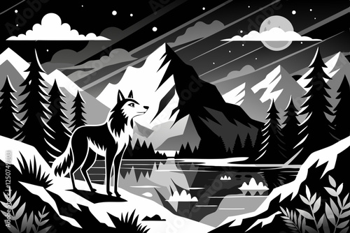 Werewolf Howling Art Deco Vector – Black & White Night Mountain Scene