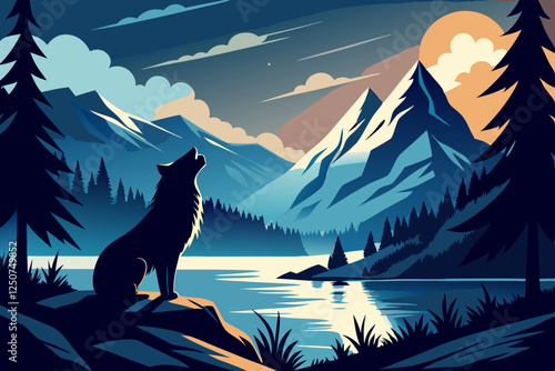 Werewolf Howling Art Deco Vector – Black & White Night Mountain Scene