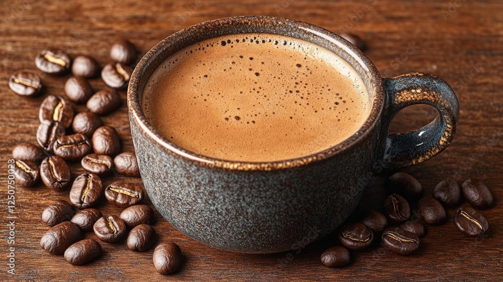 Dark Brown Coffee Cup On Wooden Table With Coffee Beans Dark Brown Coffee Cup On Wooden Table With Coffee Beans
