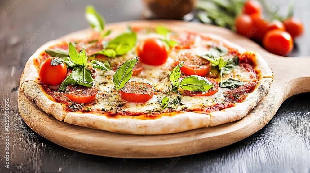 Delicious Italian Pizza with Fresh Tomatoes, Basil and Mozzarella Cheese on Rustic Wooden Board Delicious Italian Pizza with Fresh Tomatoes, Basil and Mozzarella Cheese on Rustic Wooden Board