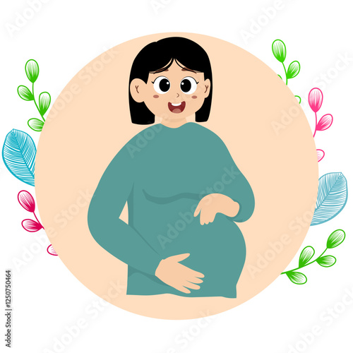 Pregnant woman is holding her belly gently. Pregnant woman, expectant mother, concept illustration in cute style. Health care, pregnancy