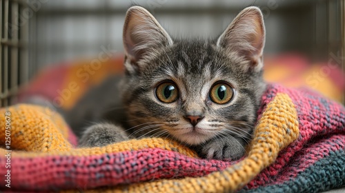 Cute kitten in a cage, cozy blanket, close-up, pet adoption photo