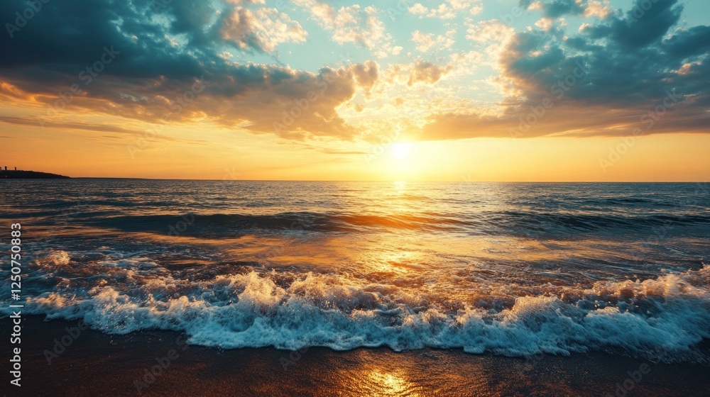 Ocean Waves and Colorful Sunset on Sandy Beach Ocean Waves and Colorful Sunset on Sandy Beach