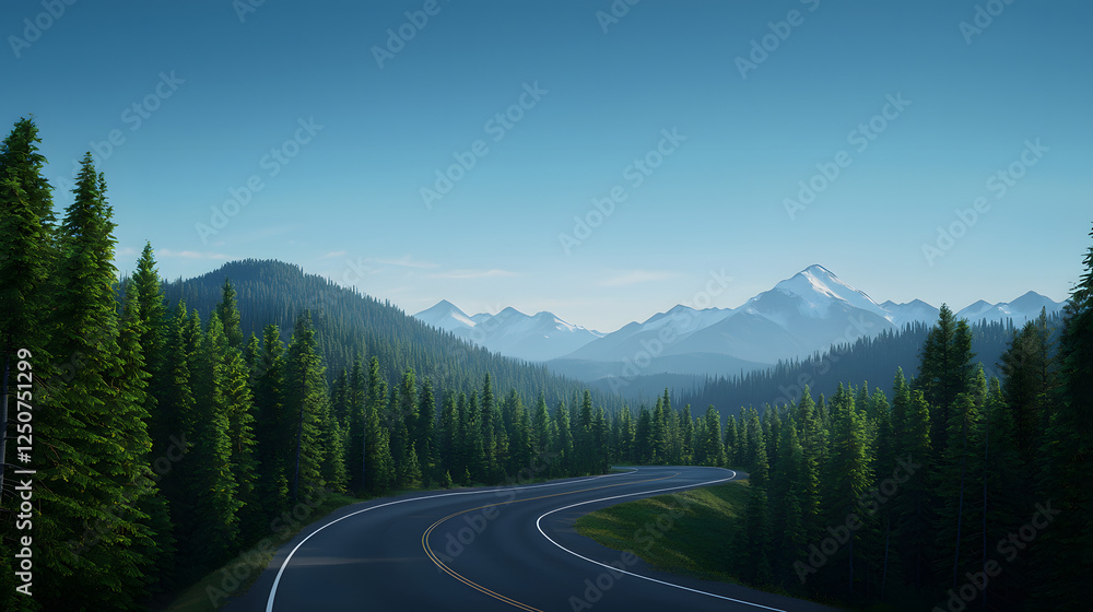 Serene Mountain Road Surrounded by Lush Forest Serene Mountain Road Surrounded by Lush Forest