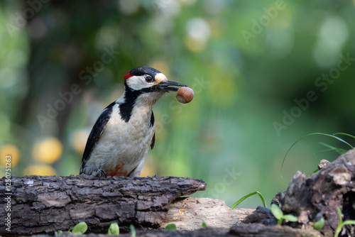 picchio rosso maggiore (Dendrocopos major) con nocciola nel becco photo