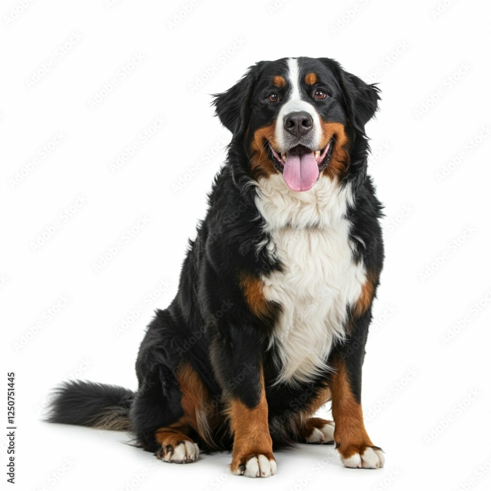 Happy Bernese mountain dog sitting on a white background and looking at the camera with its tongue out
Happy Bernese mountain dog sitting on a white background and looking at the camera with its tongue out