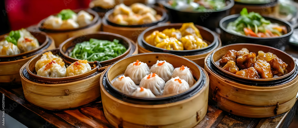 Fototapeta premium Dim sum feast steamed dumplings, restaurant