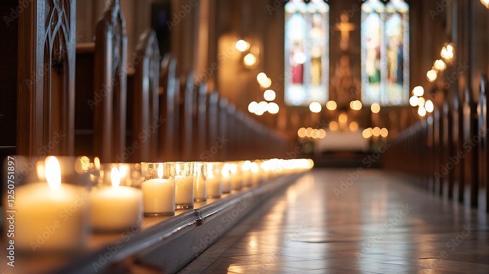 Obraz premium Serene Candlelit Interior of a Church with Soft Light and Stained Glass Windows : Generative AI