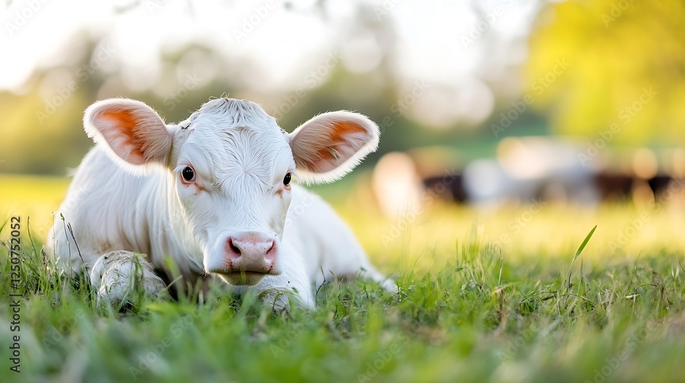 Adorable white calf lying in green grass with blurred cows grazing in the background in a tranquil farm setting : Generative AI Adorable white calf lying in green grass with blurred cows grazing in the background in a tranquil farm setting : Generative AI