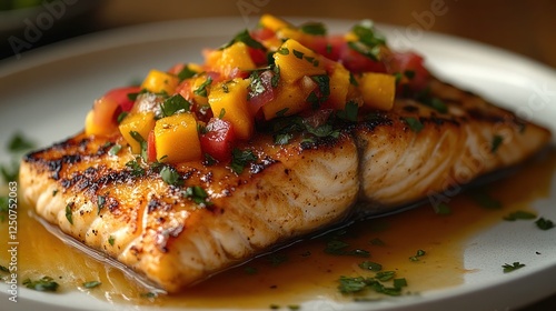 A serving of pan-seared mahi-mahi with a tropical mango salsa on a sleek white plate photo