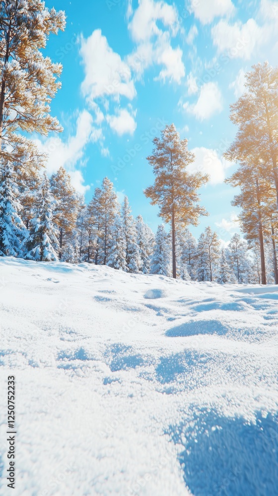 Fototapeta premium Winter wonderland adventure snowy landscape nature photography clear blue sky ground level view fluffy snowdrifts and soft billowy snowbanks