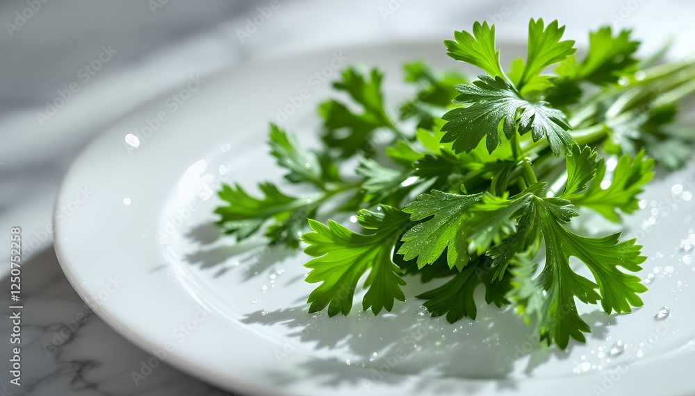 Fresh Parsley Sprigs on White Plate with Water Droplets Close-up Fresh Parsley Sprigs on White Plate with Water Droplets Close-up