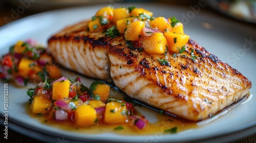 A serving of pan-seared mahi-mahi with a tropical mango salsa on a sleek white plate photo