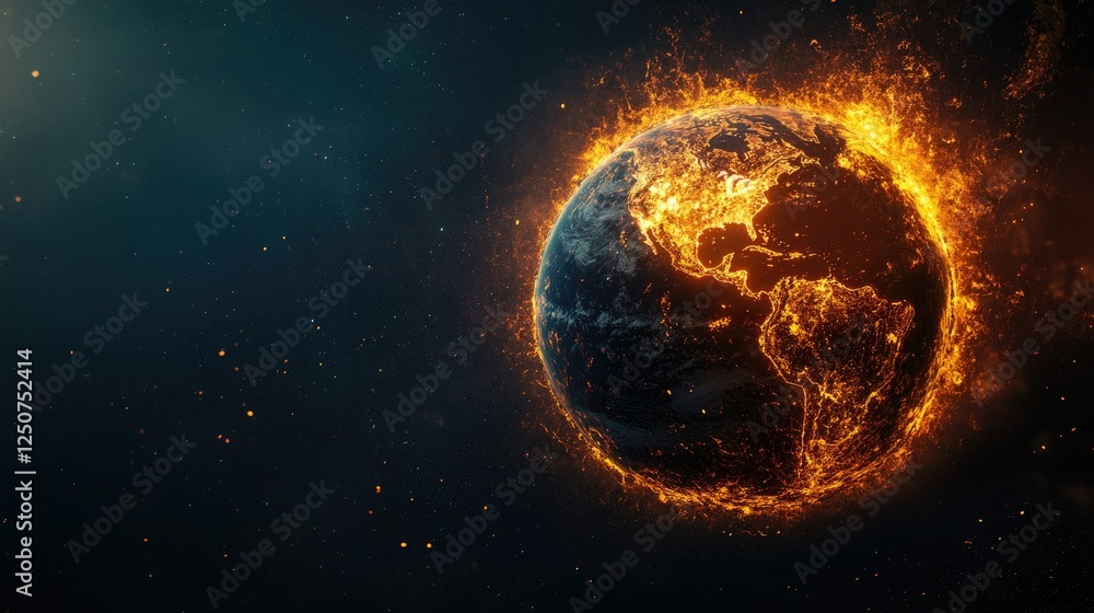 A visually striking image of Earth with glowing magma-like cracks, warning of ecological disaster. A visually striking image of Earth with glowing magma-like cracks, warning of ecological disaster.