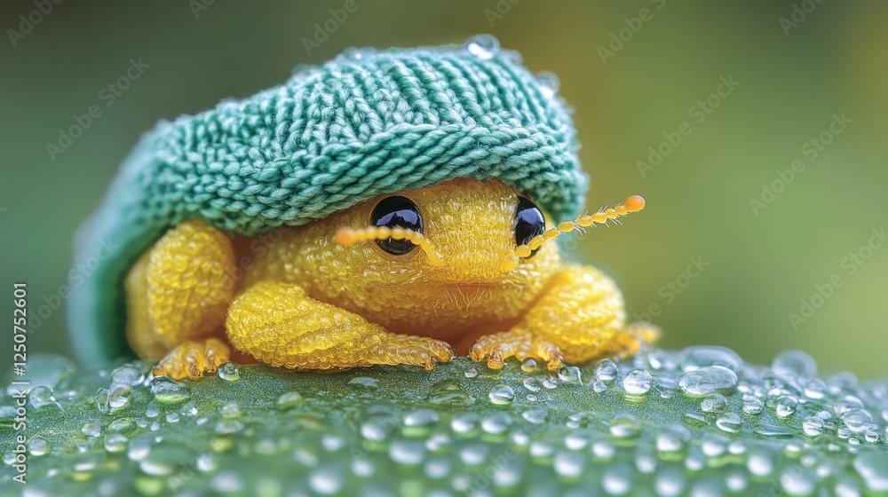 Cute yellow frog in tiny sweater on leaf Cute yellow frog in tiny sweater on leaf