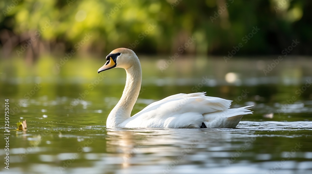 Elegant swan swimming gracefully in calm waters reflecting the lush greenery around : Generative AI Elegant swan swimming gracefully in calm waters reflecting the lush greenery around : Generative AI