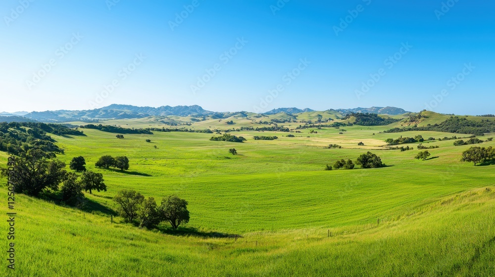 Obraz premium Sustainable agriculture practices lush green farm field nature landscape under clear blue sky panoramic view eco-friendly farming methods