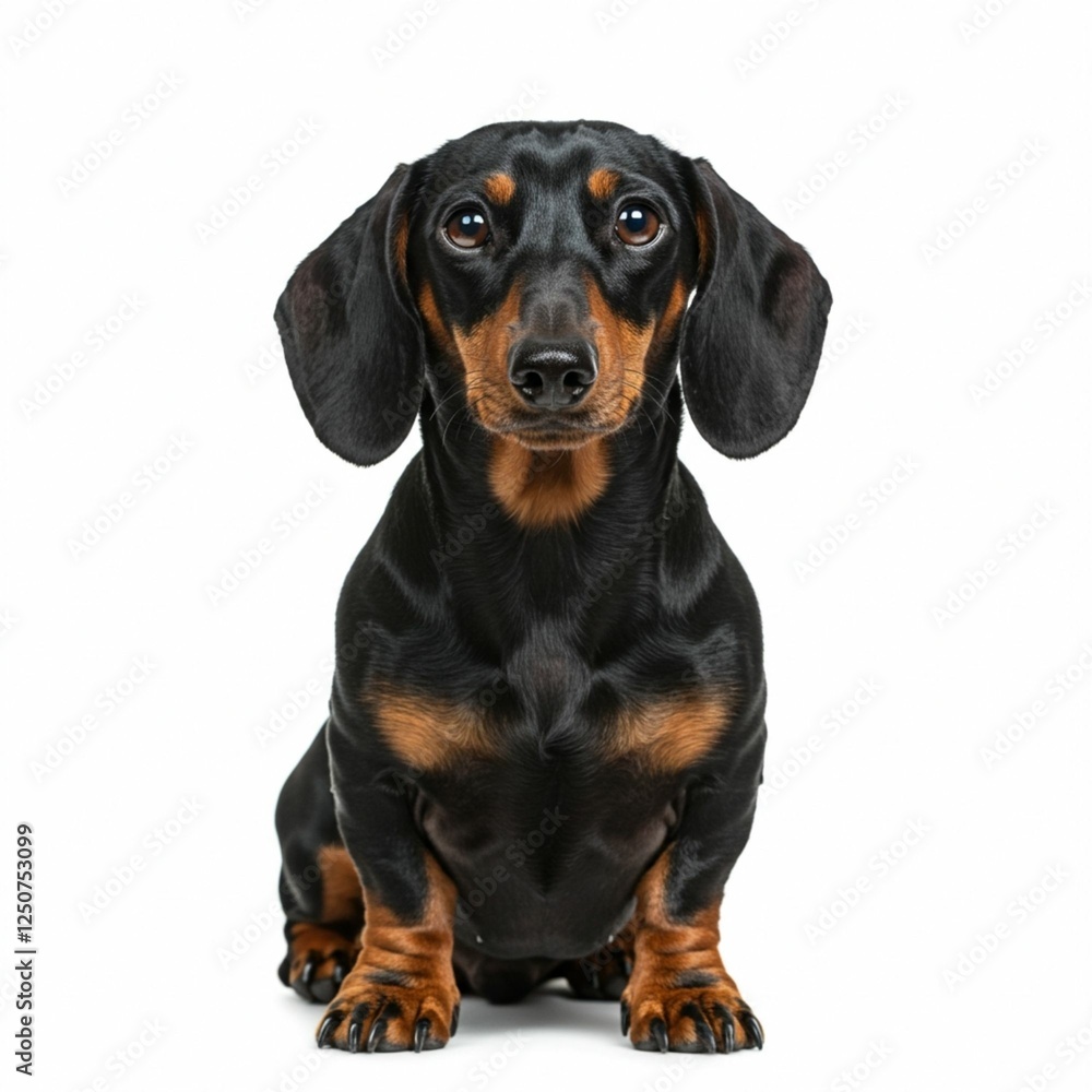Dachshund, sausage dog, 1 year old, sitting in front of white background
Dachshund, sausage dog, 1 year old, sitting in front of white background