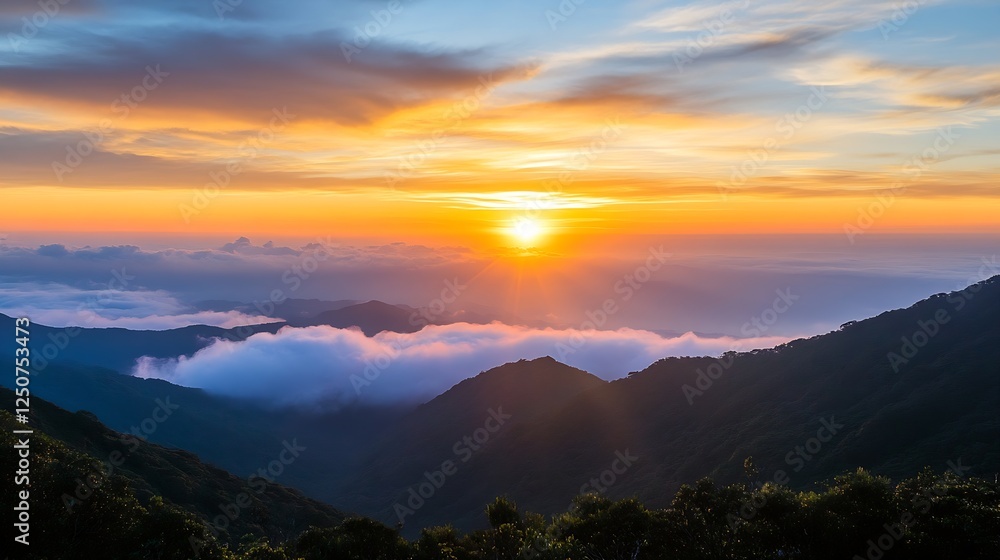 Stunning sunset view over a mountain landscape with clouds and vibrant colors creating a breathtaking scene : Generative AI Stunning sunset view over a mountain landscape with clouds and vibrant colors creating a breathtaking scene : Generative AI