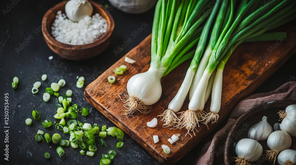 Cartoon spring green onion vegetable with spicy white bulb and long fresh leaves. Healthy vegetarian food or natural spices themes usage Cartoon spring green onion vegetable with spicy white bulb and long fresh leaves. Healthy vegetarian food or natural spices themes usage