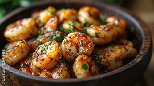 Golden-brown pan-seared shrimp tossed in a spicy harissa glaze and garnished with fresh parsley photo