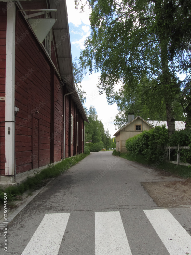 Narrow country road next between red building and birch trees Narrow country road next between red building and birch trees