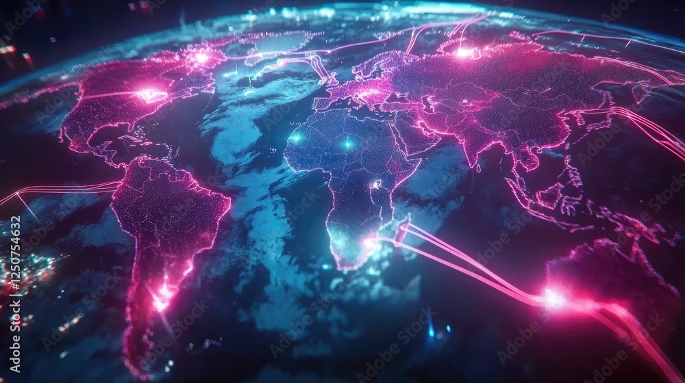 Fototapeta premium Digital World Map with Glowing Network Connections and Nodes
