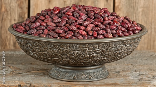 Dried fruits in ornate bowl on wooden background. Possible use Stock photo photo