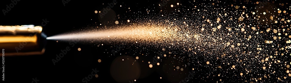 Spray droplet evaporation, Glimmering Golden Sparkles Burst from a Spray Bottle Against a Black Background Spray droplet evaporation, Glimmering Golden Sparkles Burst from a Spray Bottle Against a Black Background