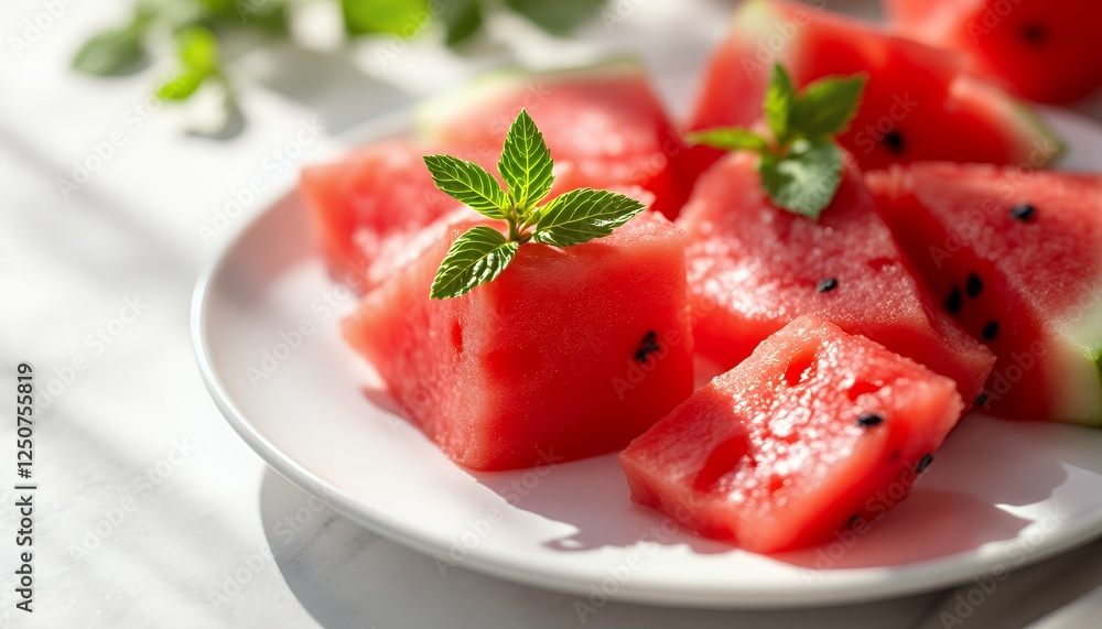 Fresh Watermelon Slices with Mint on Plate for Healthy Snack Fresh Watermelon Slices with Mint on Plate for Healthy Snack