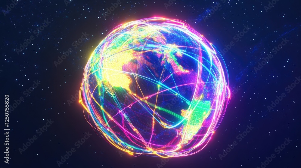 Fototapeta premium Colorful Digital Globe with Network Connections and Light Effects