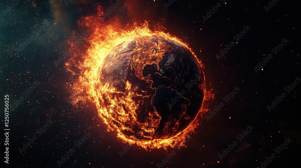 Naklejka premium Earth engulfed in flames, with deep red cracks revealing extreme heat and environmental destruction.