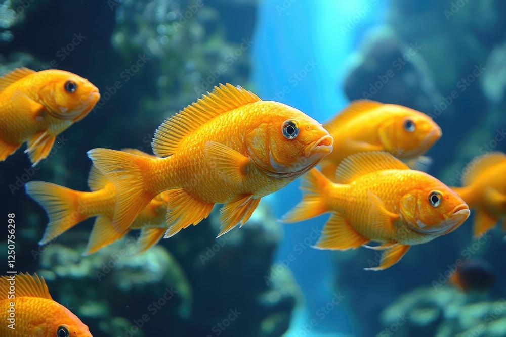 Vibrant orange fish swim in clear water, fins spread wide. Ideal for aquarium, nature, or pet-related projects, evoking serenity and beauty. Vibrant orange fish swim in clear water, fins spread wide. Ideal for aquarium, nature, or pet-related projects, evoking serenity and beauty.