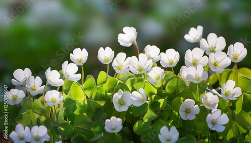 Wood Sorrel blooming in spring with white flowers, Oxalis acetosella, Irish shamrock photo