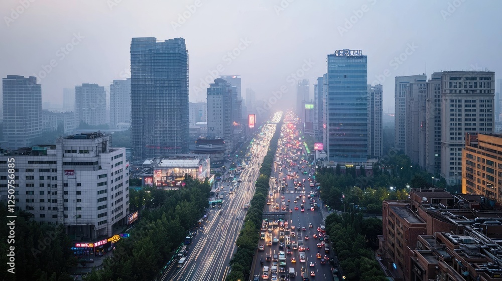 Obraz premium Urban skyline with busy traffic and skyscrapers in foggy weather