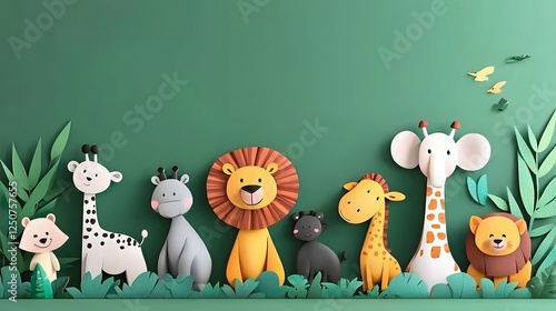 Cheerful and Playful Safari Animals Including Lion Giraffe Elephant Zebra and Bear Surrounded by a Lush Jungle Themed Green Border in a 3D