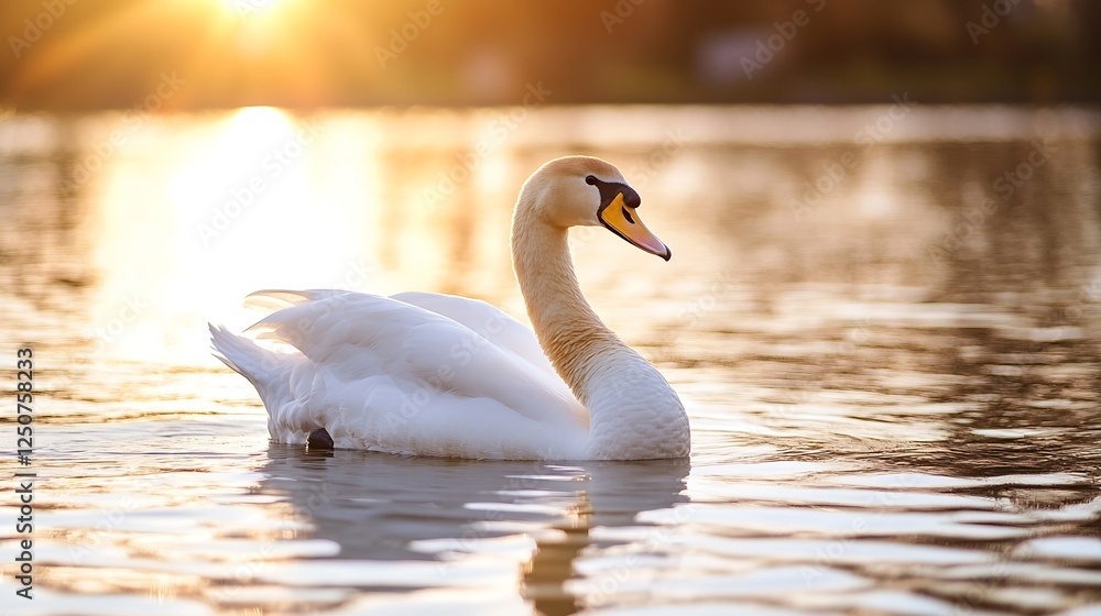 Fototapeta premium Elegant white swan gracefully swimming in serene water during a sunset : Generative AI