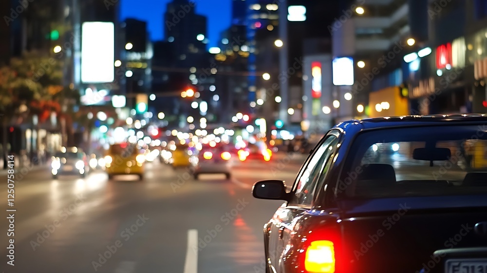 A bustling city street at night filled with colorful lights and moving cars in an urban landscape : Generative AI A bustling city street at night filled with colorful lights and moving cars in an urban landscape : Generative AI