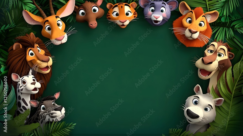 Obraz premium Vibrant and whimsical 3D featuring a decorative jungle themed frame encapsulating a collection of cute and playful safari animals against a lush tropical background