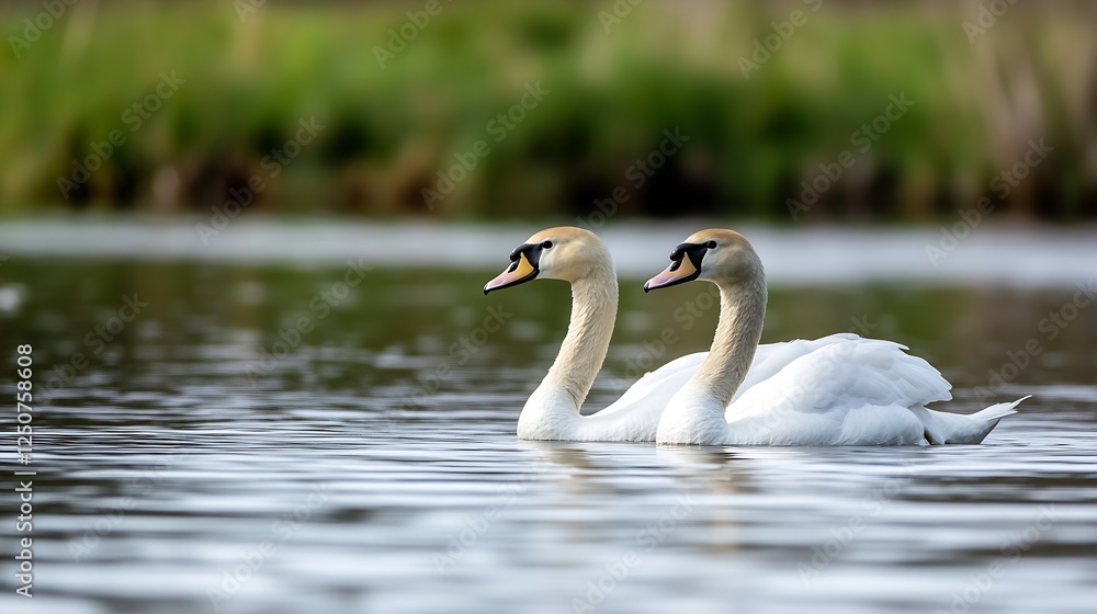 Elegant pair of swans gracefully gliding across a serene lake reflecting stunning natural beauty : Generative AI Elegant pair of swans gracefully gliding across a serene lake reflecting stunning natural beauty : Generative AI