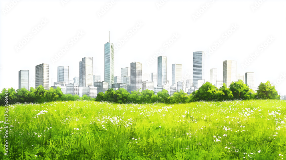 Lush green park landscape with grassy field, trees, and modern skyscrapers on white background. Open meadow and office buildings in the distance, perfect for eco-friendly and cityscape concepts. Lush green park landscape with grassy field, trees, and modern skyscrapers on white background. Open meadow and office buildings in the distance, perfect for eco-friendly and cityscape concepts.