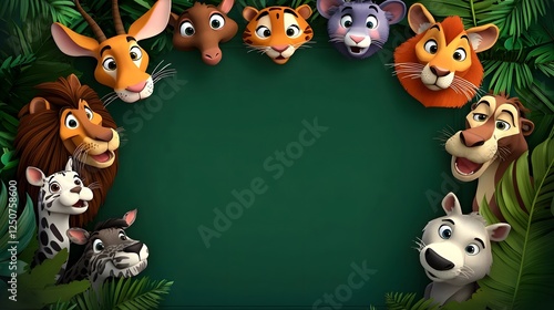 Fototapeta Naklejka Na Ścianę i Meble -  Vibrant and whimsical 3D featuring a decorative jungle themed frame encapsulating a collection of cute and playful safari animals against a lush tropical background