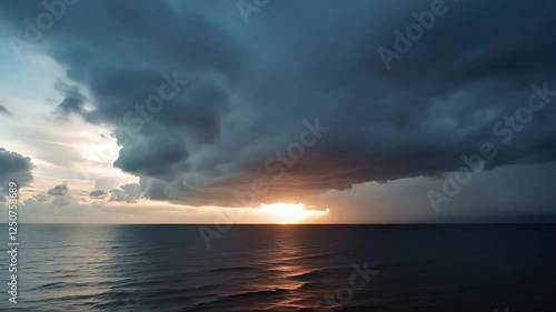 A timelapse capturing a storm approaching over a calm ocean, highlighting dark clouds and distant lightning