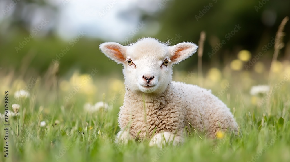 Fototapeta premium Adorable Little Lamb Sitting on Green Grass Surrounded by Flowers and Nature : Generative AI