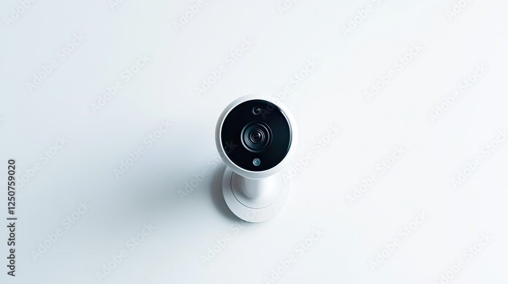 Modern smart security camera with smooth, rounded edges, isolated on a bright white backdrop for a tech-inspired vibe. Modern smart security camera with smooth, rounded edges, isolated on a bright white backdrop for a tech-inspired vibe.