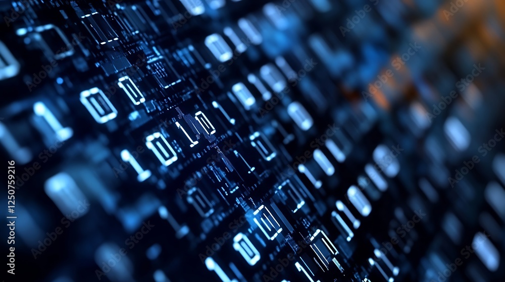 Obraz premium Closeup view of digital circuit board with binary code representing technology and innovation : Generative AI