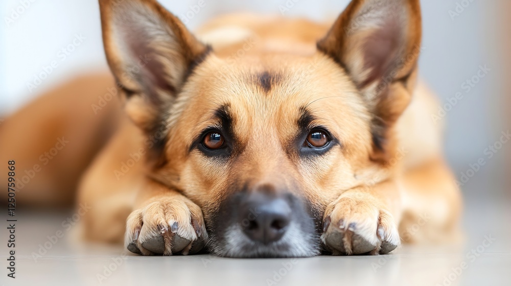 Closeup of a gentle dog relaxing on the floor with expressive eyes looking directly into the camera : Generative AI Closeup of a gentle dog relaxing on the floor with expressive eyes looking directly into the camera : Generative AI